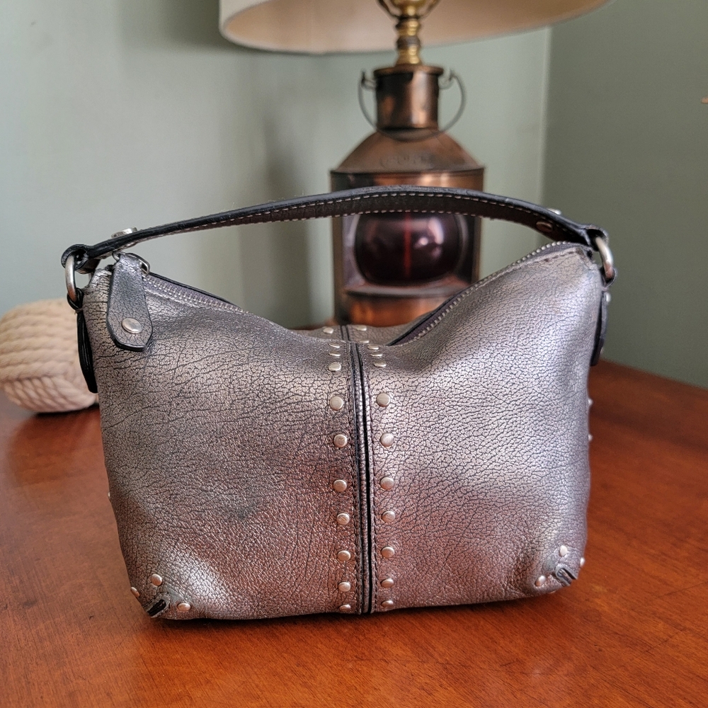 Michael Kors Studded Metallic Silver Leather Demi Shoulder Bag Y2K Purse